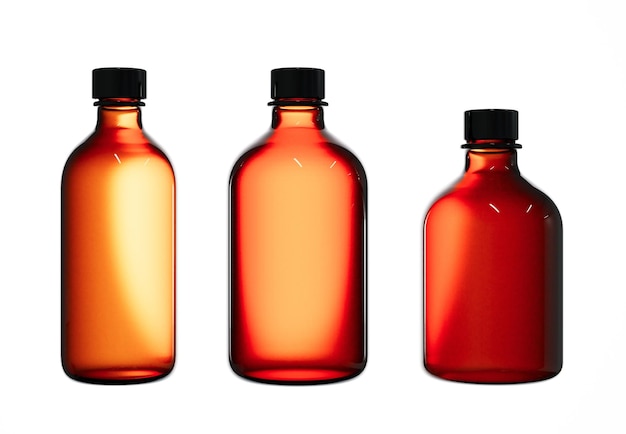 Zdjęcie trzy różne butelki kosmetyczne na białym tle 3d render brązowe słoiki produktów do pielęgnacji szkła z plastikowymi nakrętkami na białym tle projekt gotowy szablon opakowania