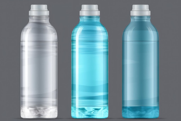 Trzy różne rodzaje butelek z wodą na szarym tle generatywnej sztucznej inteligencji