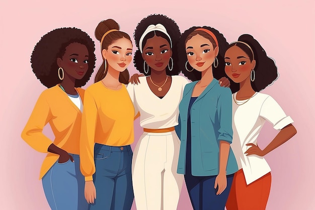 Trzy różnorodne, wieloetniczne kobiety, Afrykańskie, łacińskie i białe dziewczyny stoją obok siebie.