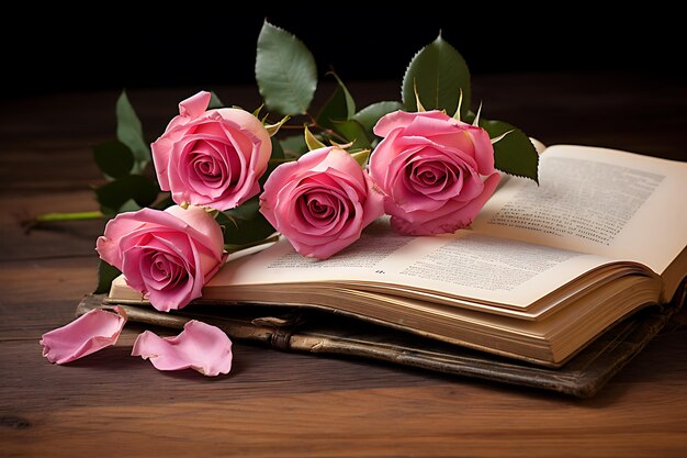 Zdjęcie trzy różowe róże z otwartym, pustym pamiętnikiem na drewnianym stole.