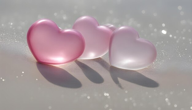 trzy różowe serca ze srebrną krawędzią i cieniem na stole