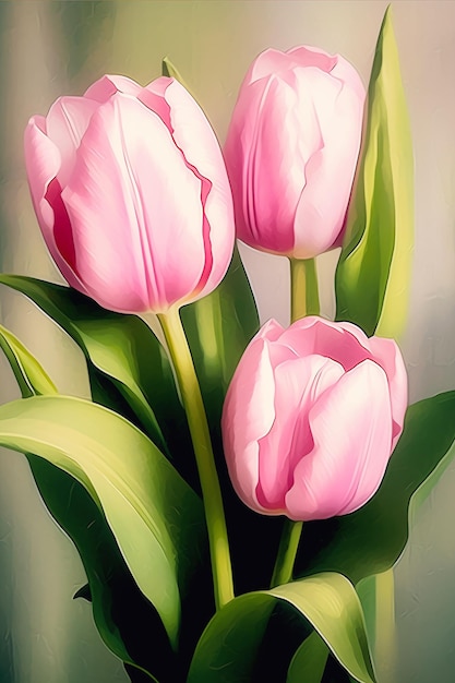 Trzy różowe tulipany wazon zielone liście rysunek dzień dobry