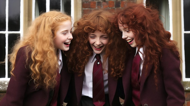 Trzy śmiejące się dziewczyny w bordowych mundurkach szkolnych wygenerowane przez sztuczną inteligencję