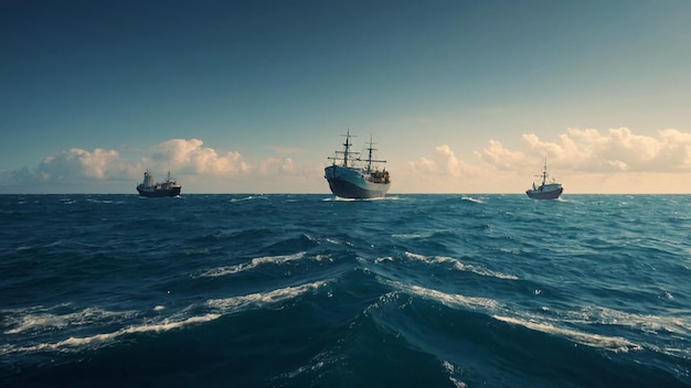 Zdjęcie trzy statki pływają w oceanie, z których jeden jest statkiem.