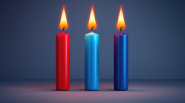 Zdjęcie trzy świece są zapalone w rzędzie na stole.