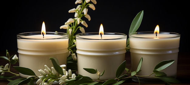 Zdjęcie trzy świece są zapalone z rzędu z kwiatami i liśćmi generatywnymi ai