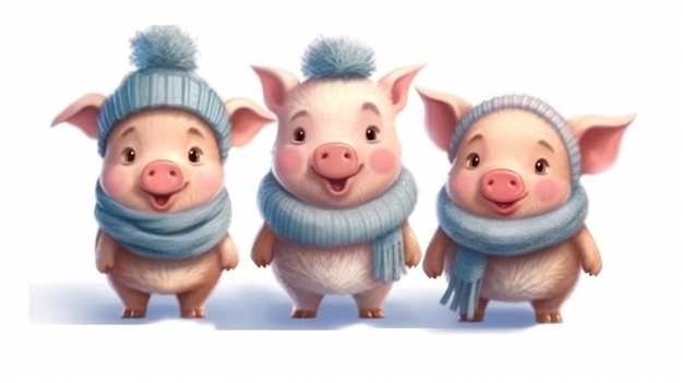 Trzy świnie w niebieskim kapeluszu i szaliku