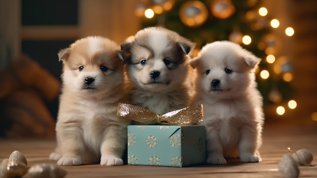 Trzy szczeniaki siedzą obok świątecznego pudełka