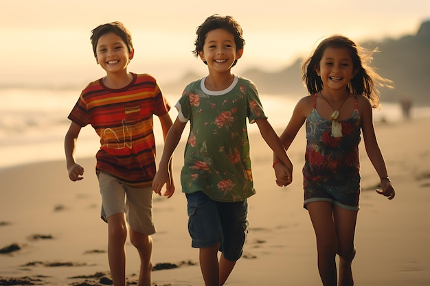 Trzy szczęśliwe dziecko z różnych grup etnicznych trzymające się za ręce i spacerujące po plaży