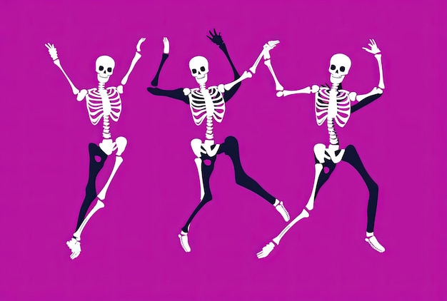 Zdjęcie trzy szkielety w fioletowym tańcu na tle