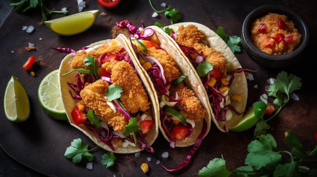 Trzy tacos z kawałkiem limonki i kawałkiem limonki