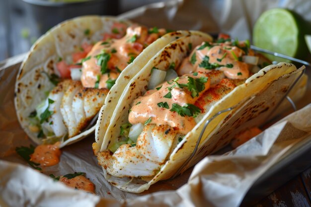 Zdjęcie trzy tacos z ryb na tacce