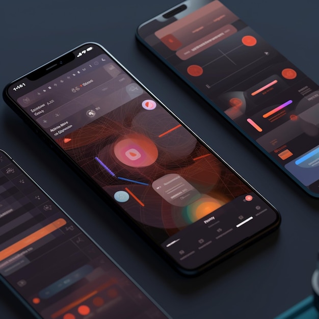 Trzy telefony komórkowe z różnymi ekranami na ciemnej powierzchni generatywnej