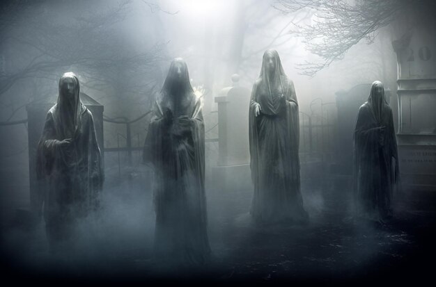 trzy upiornie ubrane osoby stojące na mglistym cmentarzu generatywnym AI