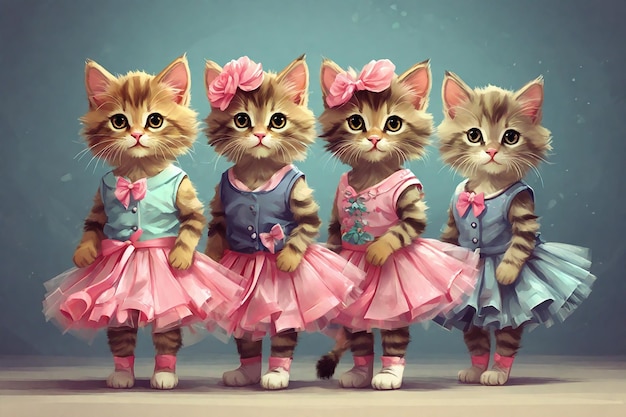 Trzy urocze małe kociaki w różowym tutu i niebieskiej spódnicy