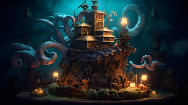 Zdjęcie trzy warstwy podwodnego ciasta z czarnym pirackim statkiem na górze i potworem krakenem na dole w artystycznie i pięknie zaprojektowanej wszechświatowej dioramie generative ai