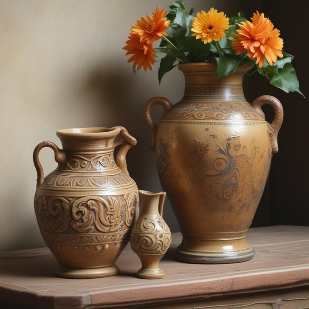 Zdjęcie trzy wazony z kwiatami, a jeden ma wzór z przodu
