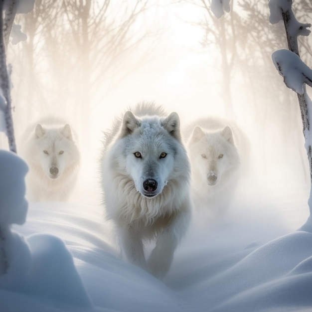 Trzy wilki idą przez śnieg ze słowem wilk na przodzie.