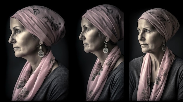 Trzy wizerunki kobiety z różową chustą na głowie i różową chustką na głowie.