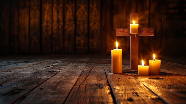 Trzy zapalone świece na drewnianej podłodze z krzyżem na tle