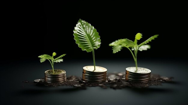 trzy zielone rośliny w monetach finansują wyimaginowane zdjęcie z ciemnym tłem