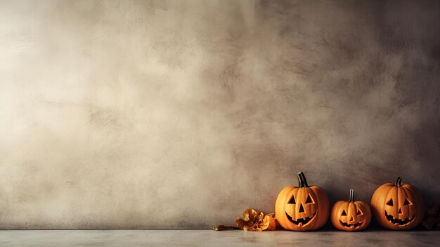 Trzy żółte dynie Halloween na szarym tle Upiorne dynie z uśmiechniętymi twarzami na świąteczną koncepcję Halloween Skopiuj miejsce na tekst lub lokowanie produktu Generacyjna sztuczna inteligencja