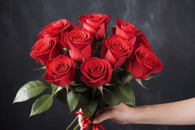 Zdjęcie trzymaj za rękę bukiet róż, żeby dać komuś w czasie walentynki.