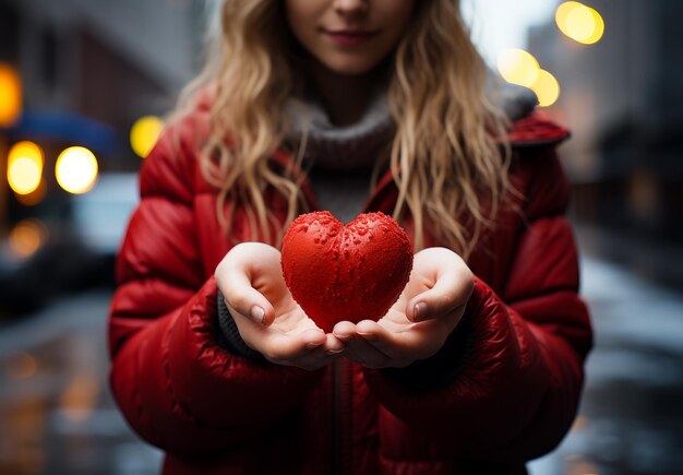Zdjęcie trzymając czerwone serce w ręku kobieta trzymająca czerwone serce w rękach