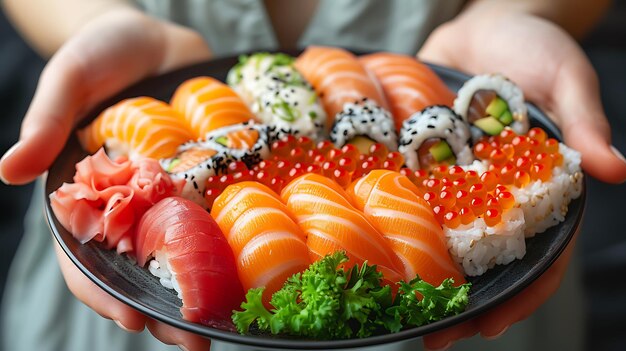 Trzymając talerz z sushi na białym tle