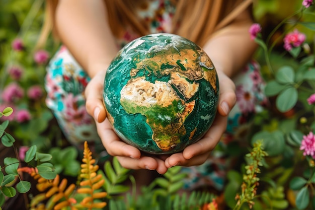 Zdjęcie trzymanie pomalowanego globu w kwitnącej przyrodzie koncepcja ochrony środowiska ekologia światowa