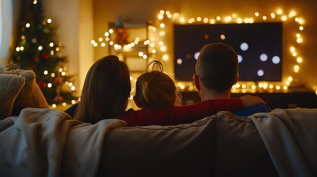 Zdjęcie trzyosobowa rodzina oglądająca telewizję w przytulnym salonie drzewo bożonarodzeniowe jest ozdobione światłami w tle