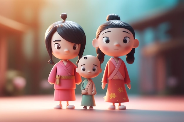 Trzyosobowa rodzina z dzieckiem w czerwonym kimonie.