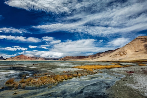 Tso Kar zmienne słone jezioro w Himalajach Rapshu Ladakh Dżammu i Kaszmir Indie