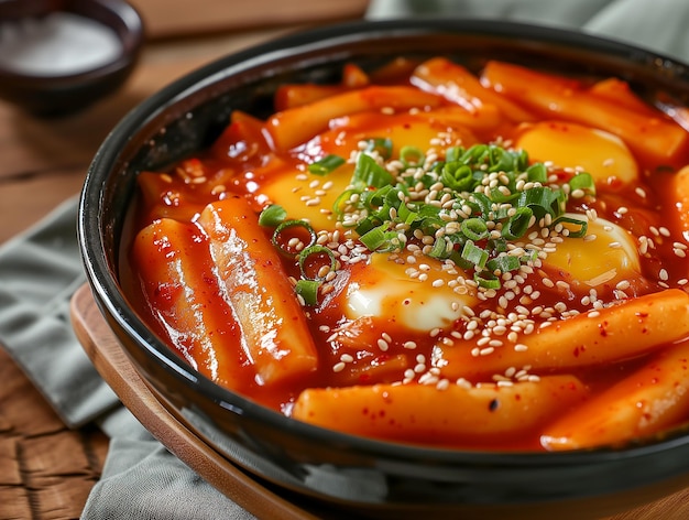 Tteokbokki na talerzu na drewnianym stole Kuchnia wschodnia Posłanie koreańskie w zbliżeniu