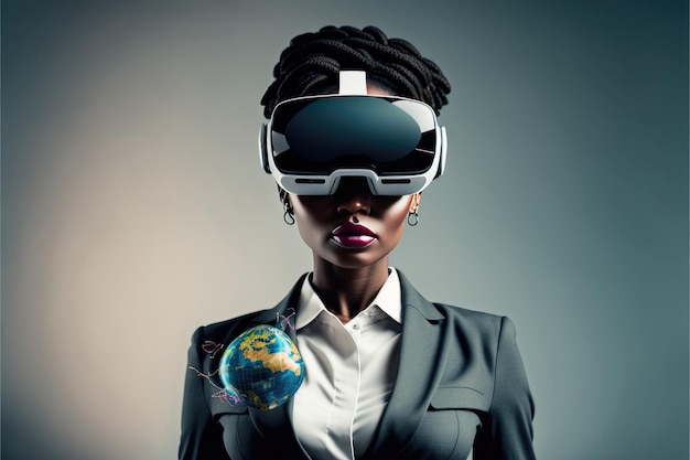 Tu jest inna rzeczywistość Businesswoman w goglach VR Symulator rzeczywistości wirtualnej Postęp technologiczny w biznesie Generative AI