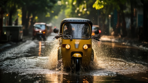 Tuk tuk jadący zalaną ulicą podczas powodzi spowodowanej ulewnym deszczem