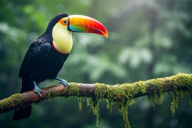 Tukan siedzi na gałęzi w tropikalnym lesie deszczowym