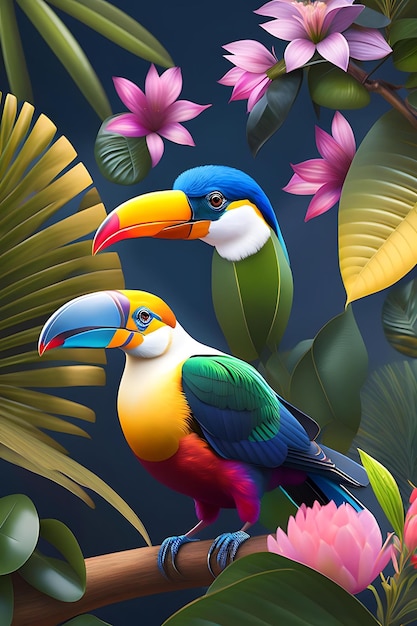 Tukan tropikalnych ptaków w egzotycznej dżungli pełnej tropikalnych liści i dużych kwiatów