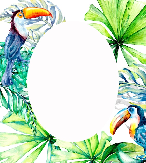 Tukany tropikalnych liści palmowych rama akwarela ilustracja na białym tle