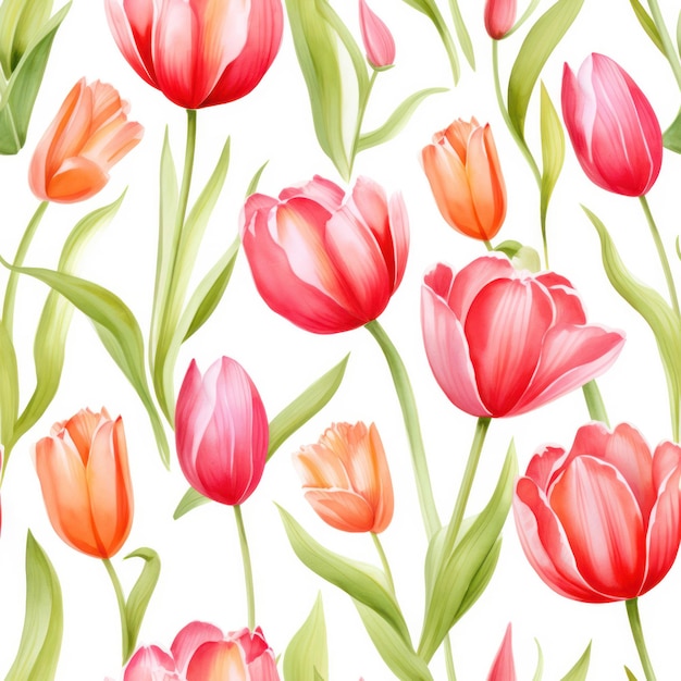 Tulipan W Kolorze Wody Bez Szwu Z Wzorem Liścia Na Białym Tle