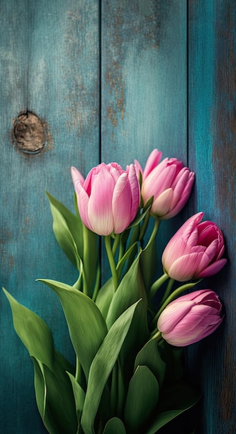 Tulipany kwitną na niebieskim drewnianym tle Generative AI