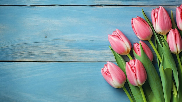 tulipany na niebieskich zdjęciach z drewna