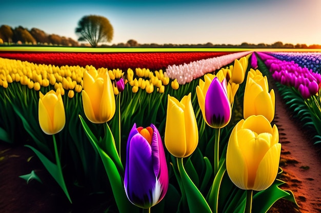 Tulipany na polu z błękitnym niebem w tle