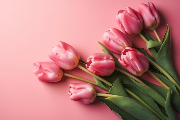 Tulipany na różowym tle płaski widok generatywny ai