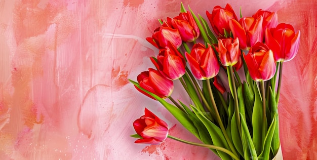 Zdjęcie tulipany na różowym tle rysunek akwarelowy lub karta z gratulacjami na międzynarodową kobietę
