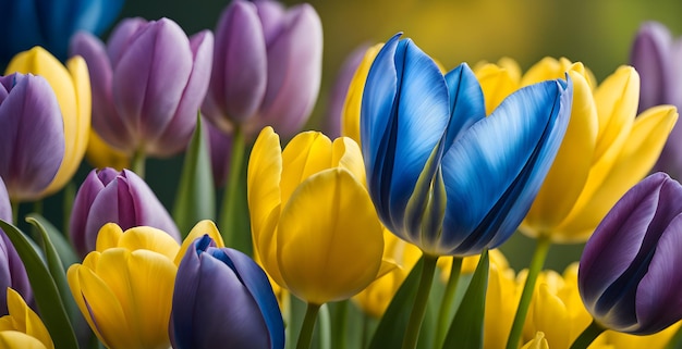 Tulipany o różnych kolorach, wiosenne kwiaty.