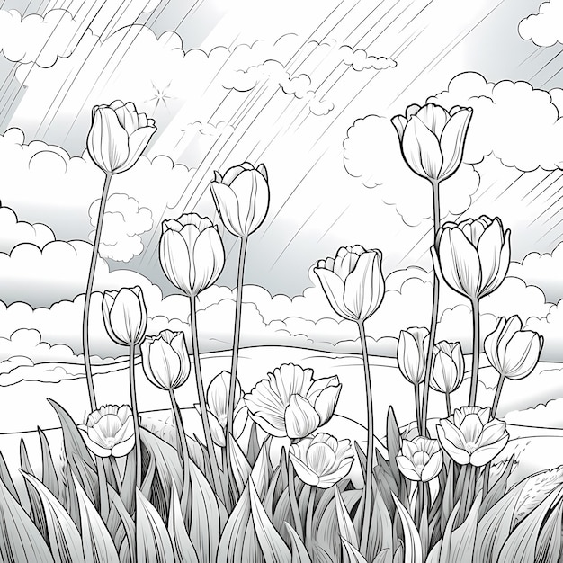 Tulipany pod tęczą na niebie w naturze w czarno-białym dla dzieci