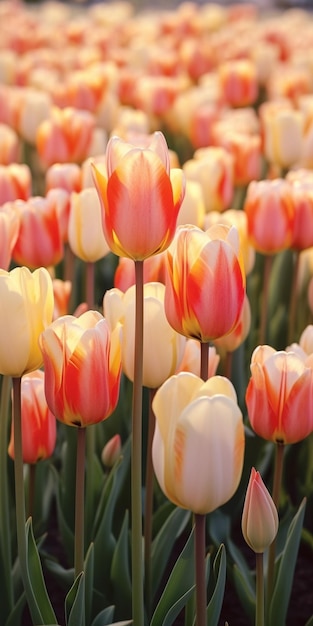 Tulipany w kolorze pomarańczowym Duże pąki wielobarwnych tulipanów Kwiatowe naturalne tło Bico Generative AI