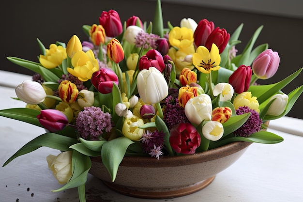 Tulipany w misce otoczone innymi wiosennymi kwiatami