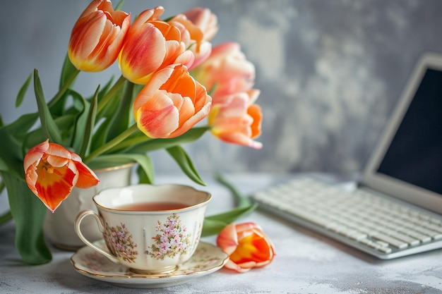 Tulipany z filiżanką herbaty i klawiaturą